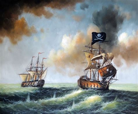 Pirate Ship 1800s Sea Battle Seascape Ocean Stretched Oil On Canvas