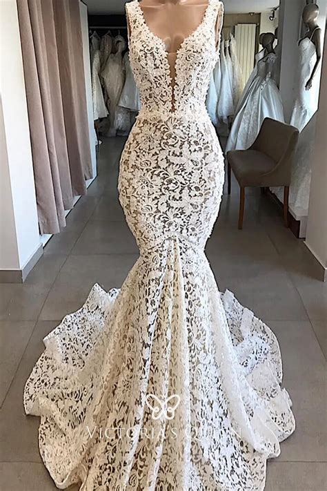 Illusion Lace Plunging Neck Mermaid Sexy Bridal Gown Vq