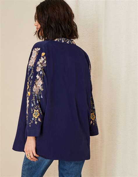 Floral Embroidered Short Kimono Blue Womens Jackets Monsoon Uk