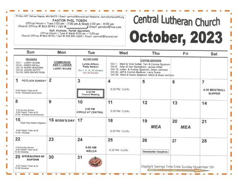 Calendar Central Lutheran Church