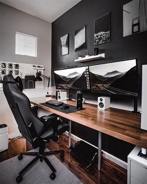 Dual Monitor Setup With A Wooden Desk Aesthetics And Black Wall Ideas