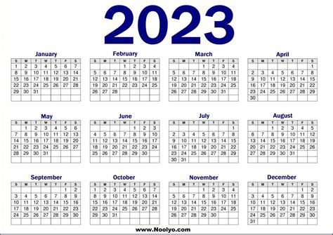 2023 Yearly Calendar Printable One Page Calendars