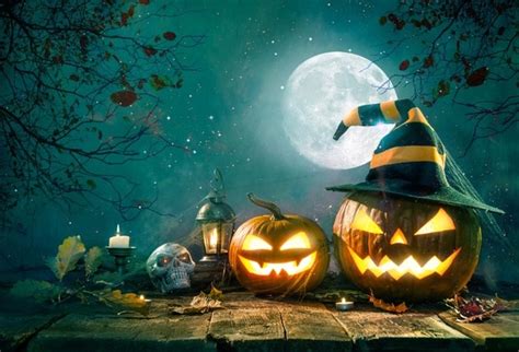 Laeacco Halloween Pumpkin Ghosts Lamps Moon Night Wooden Floor