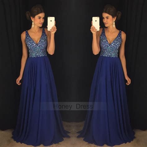 Honey Dress — Royal Blue Chiffon V Neck Beaded Bodice Crystal Long Prom Dress With Low Back