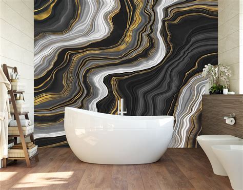 Black And Gold Abstract Marble Stone Pattern Peel And Stick Wallpaper