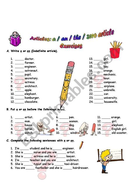 In english there are three articles: English worksheets: Definite and Indefinite Articles