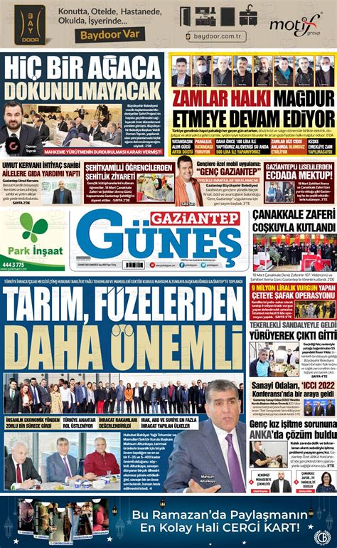 19 Mart 2022 tarihli Gaziantep Güneş Gazete Manşetleri