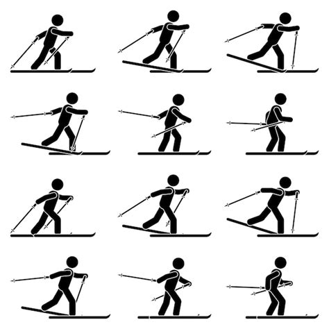Stick Figure Homme Ski Séquence Pose Icône Vector Pictogramme Set Sport