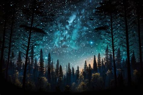 Mystical Starry Night Sky Over Forest Stock Illustration Illustration