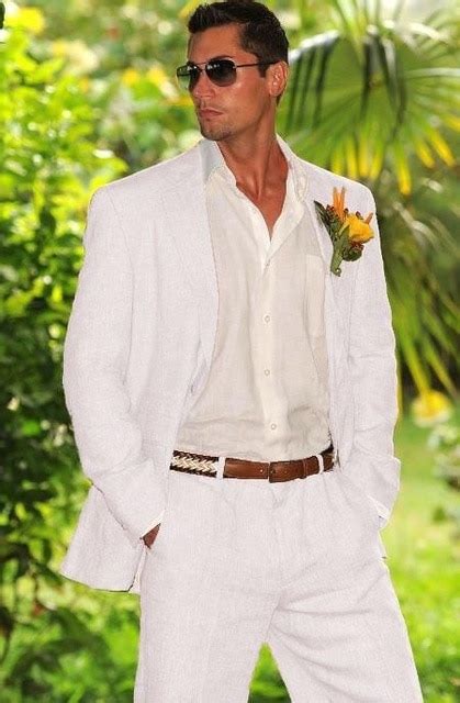 Summer Beach White Linen Mens Suit Groom Tuxedos Groomsmen Wedding Blazer Suits For Men