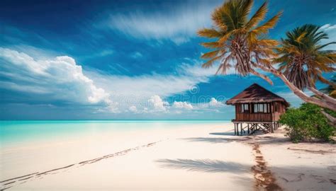 Tropical Beach With White Sand Palm Trees Bungalows And Turquoise