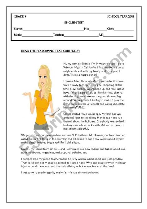 Test Grade 7 Esl Worksheet By Coasvaf