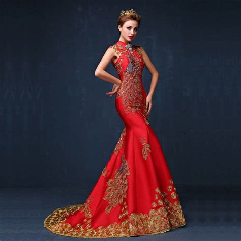 2016 Luxury Red Embroidered Chinese Evening Dress Long Cheongsam Bride Wedding Qipao Merm