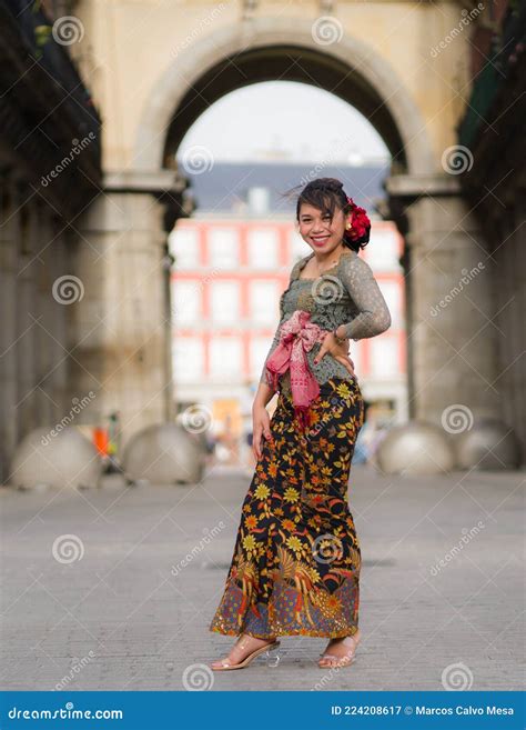 Young Happy And Beautiful Asian Woman Wearing Traditional Balinese Kebaya Dress Indonesian