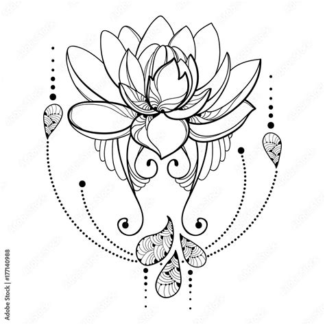 Vector Drawing With Outline Lotus Flower Decorative Lace And Swirls In
