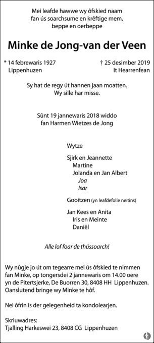 Minke De Jong Van Der Veen 25 12 2019 Overlijdensbericht En