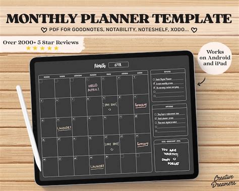Digital Calendar Monthly Planner Goodnotes Template Undated Etsy