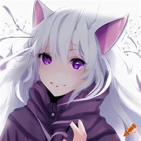 Anime Woman With White Hair Cat Ears And Purple Eyes