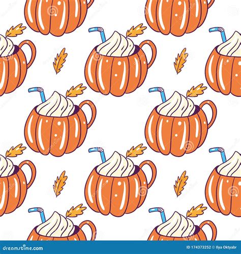 Pumpkin Spice Latte Mug Seamless Pattern Hand Drawn Vector Illustration Isolated On White