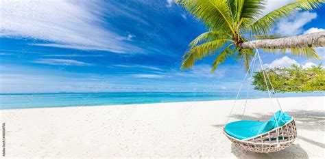 Tropical Beach Background As Summer Relax Landscape With Beach Swing Or