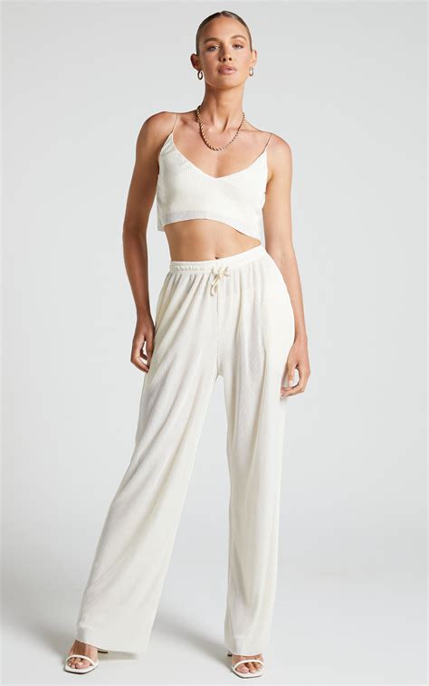 Elowen Two Piece Set Plisse Crop Top And Relaxed Wide Leg Pants Set In Cream Showpo