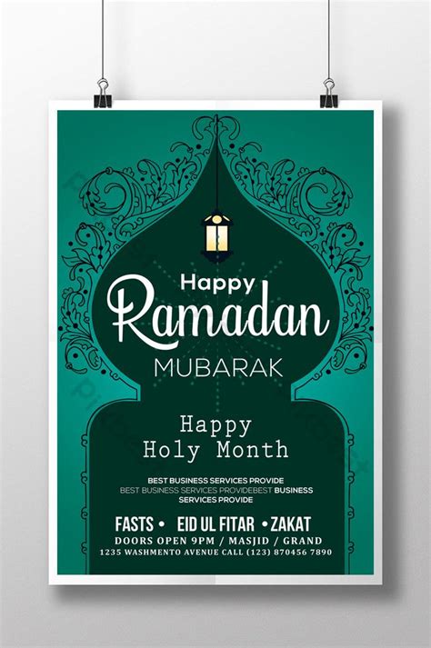 Ramadan Mubarak Flyer In Green Silhouette And Background Psd Free