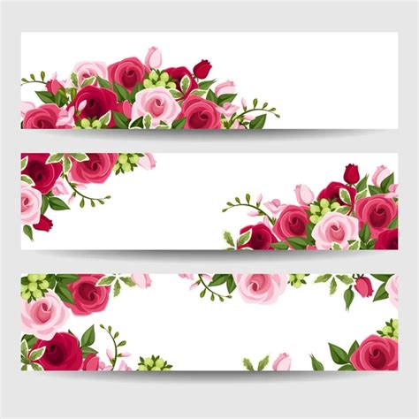 Banners With Red And Pink Roses And Freesia Flowers Vector