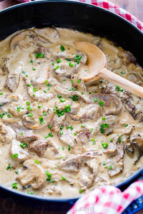 Classic Beef Stroganoff With Tender Strips Of Beef And Mushrooms In An