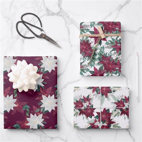 Elegant Christmas Purple Poinsettia Floral Pattern Wrapping Paper