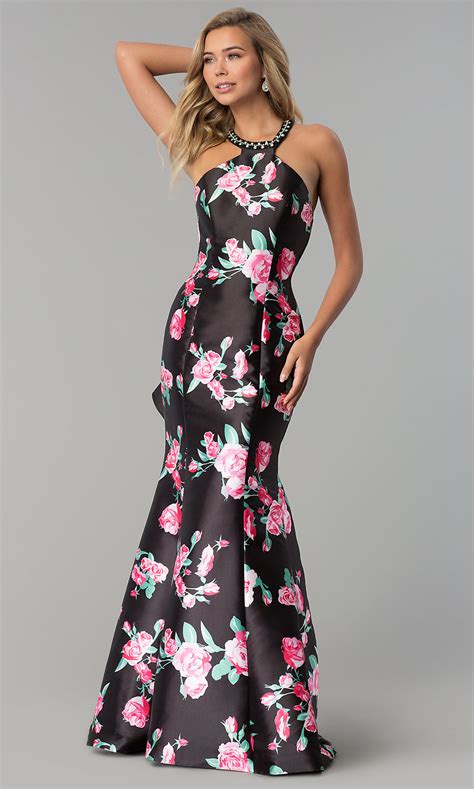 Black Floral Print Long Prom Dress