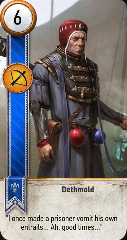 In « the witcher 3 », taking into account all the released additions, there are 6 types of card decks, each of which has its own leaders with a certain set of skills. Dethmold (Gwent Card) | The Witcher 3 Wiki