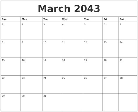 March 2043 Blank Calendar Printable