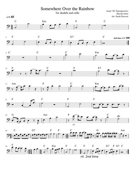 The video plays in the original speed first then half speed. Somewhere Over the Rainbow for Ukulele and Cello sheet music for Piano download free in PDF or MIDI