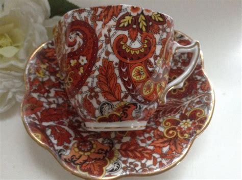 Rosina Paisley Teacup Saucer Red Orange Yellow Gold Trim Etsy Tea