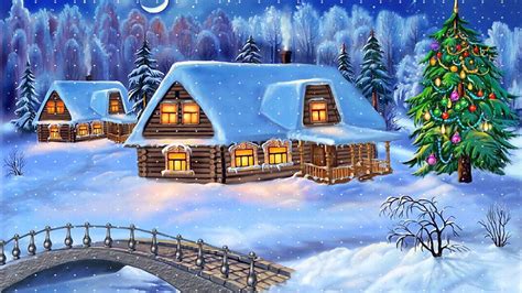 Happy New Year Christmas Tree Winter Village Houses Wooden Bridge Snow