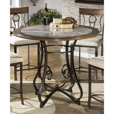 Unique furniture round counter height dining room set kitchen bar pub table backless bar stools. Ashley Hopstand Round Counter Height Faux Marble Dining ...