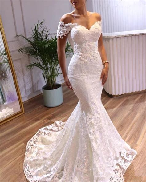 Ivory Lace Off The Shoulder Mermaid Wedding Dresses Women Bridal Dress Siaoryne