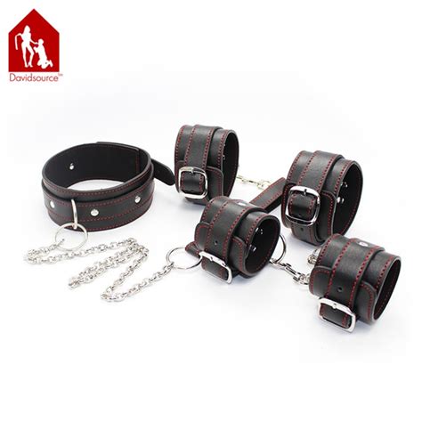 davidsource leather collar wrist and ankle cuffs with metal chain pin style handcuff restraints