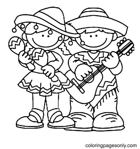 página para colorir de menina tocando maracas e menino tocando violão desenhos para colorir