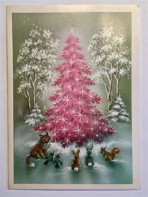 Vintage Christmas Card Animals Gather Around Pink Glitter Tree In Snowy