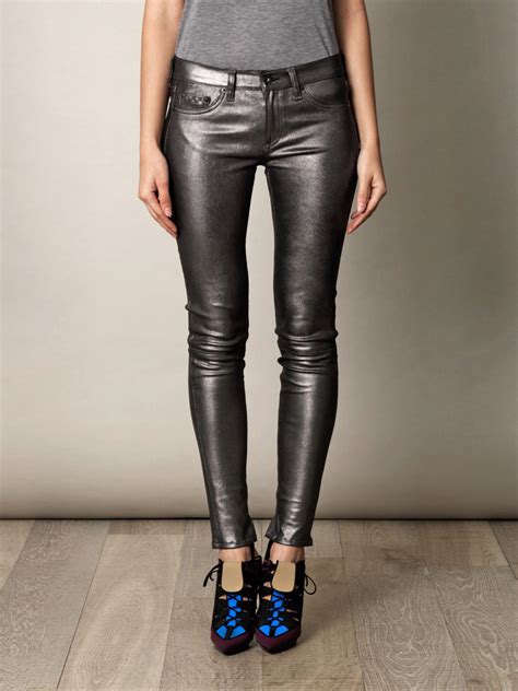 lyst rag and bone metallic leather mid rise skinny jeans in metallic