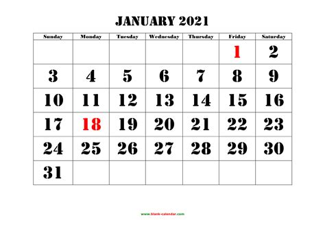 2024 January Calendar Big Numbers Printable 2021 Blank April 2024