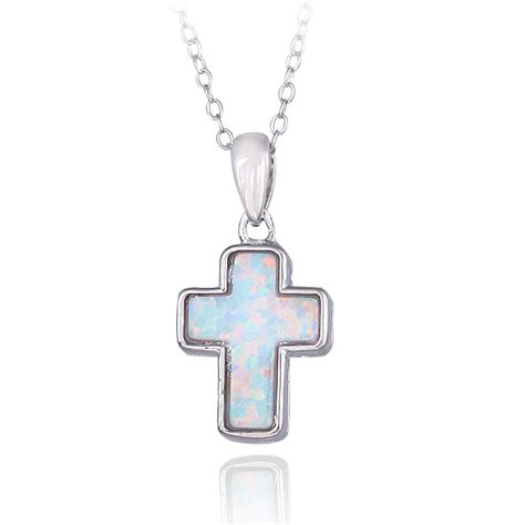 Sterling Silver Created White Opal Cross Necklace