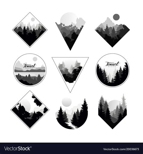 Set Of Monochrome Landscapes In Geometric Shapes Vector Image