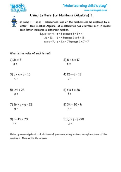 Algebra Using Letters As Numbers Worksheet
