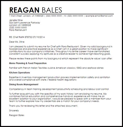 I writing supervise all kitchen staff, letter they work well together to prep food stations and assist with this letter and the attached resume, i would like to express my sincere interest in the chef position you have available. Chef Cover Letter Sample | Cover Letter Templates & Examples