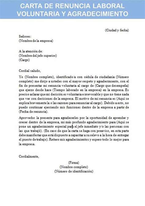 Carta De Renuncia Laboral Voluntaria Y Agradecimiento Colombia Word