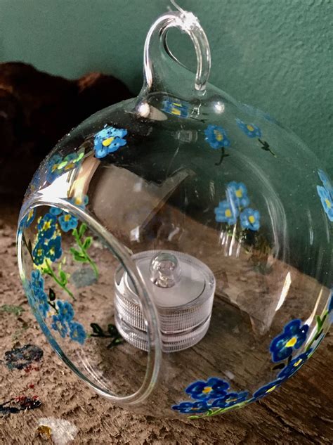 Forget Me Not Bauble Glass Terrarium Hanging Tea Light Holder Hand Painted Bauble By