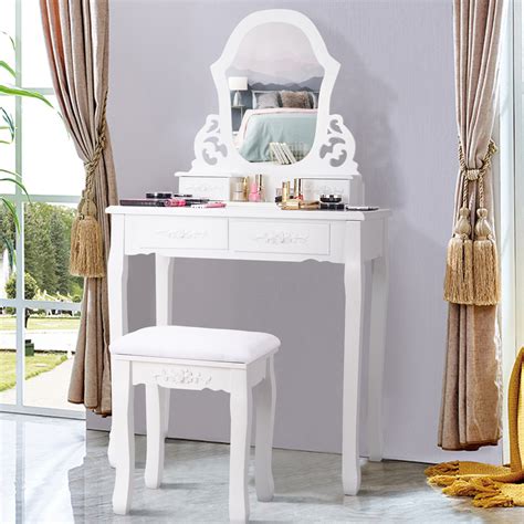 Costway white vanity jewelry wooden makeup dressing table stool. Costway White Vanity Jewelry Wooden Makeup Dressing Table ...