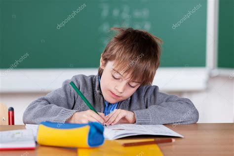 Jeune écolier écrire Dans Son Cahier Dexercices — Photo 27049083